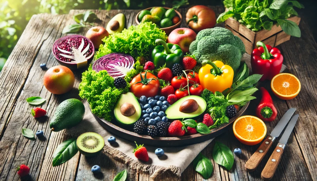 Colorful assortment of fresh fruits and vegetables on a rustic wooden table, including berries, leafy greens, peppers, and avocados under soft sunlight, symbolizing natural nutrition and smart eating.