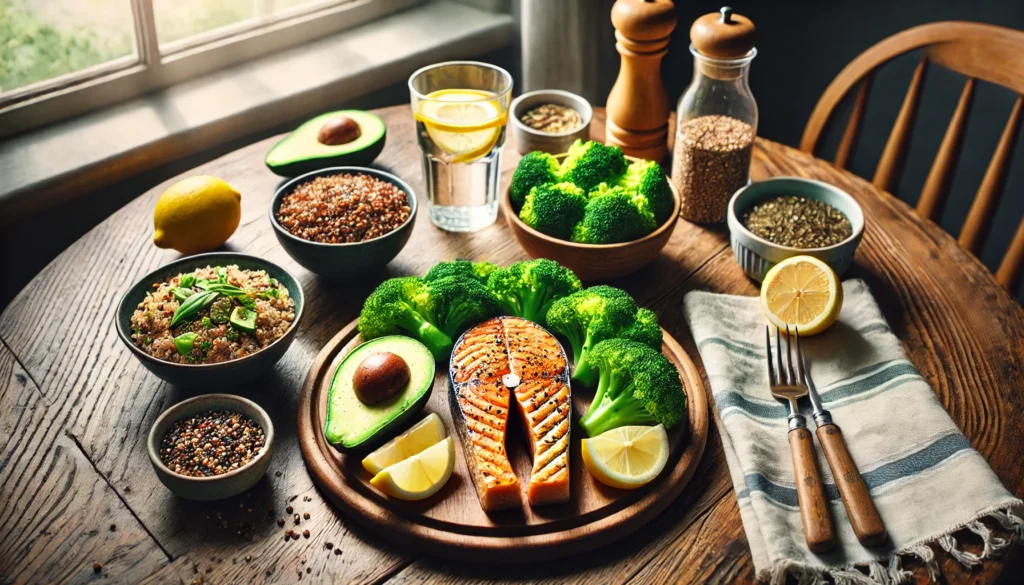 Smart Eating for Lifelong Wellness: Why a Healthy Diet Is Important and How Balanced Meals Support Your Body and Mind 2 A well-balanced meal featuring grilled salmon, quinoa, steamed broccoli, and avocado slices on a cozy wooden dining table with lemon water, representing a nutritious, well-planned diet.