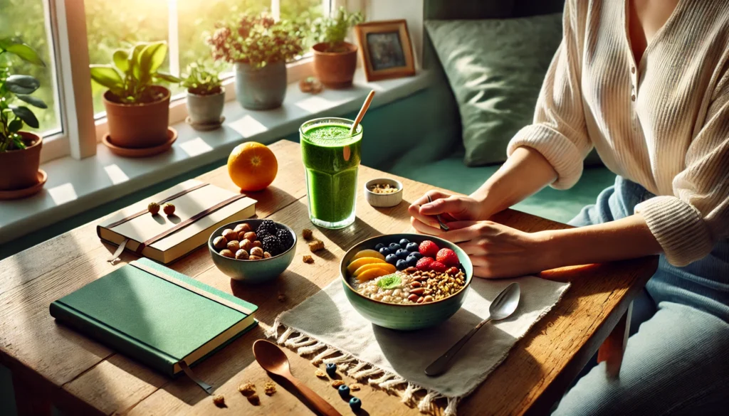 Smart Eating for Lifelong Wellness: Why a Healthy Diet Is Important and How Balanced Meals Support Your Body and Mind 1 A peaceful morning scene of a person enjoying a healthy breakfast bowl with oatmeal, fruits, and nuts beside a window with natural light and a green smoothie, promoting mindful eating for mental clarity.