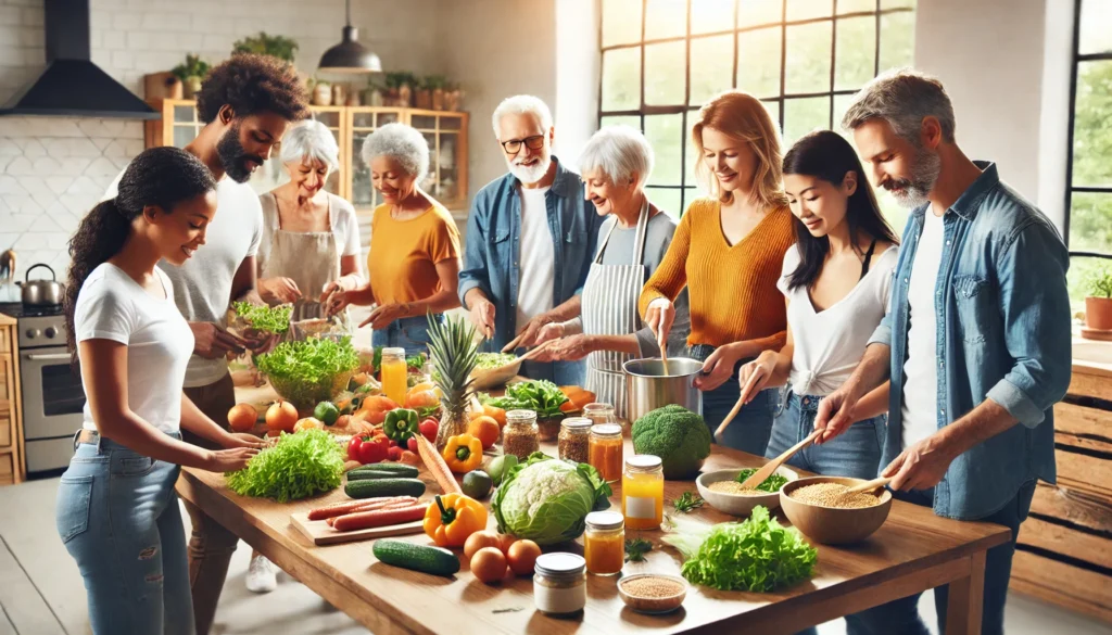 Smart Eating for Lifelong Wellness: Why a Healthy Diet Is Important and How Balanced Meals Support Your Body and Mind 3 A diverse group of people of different ages joyfully preparing a healthy meal in a modern kitchen with fresh ingredients like vegetables and whole grains, highlighting the social and lifelong benefits of healthy eating.