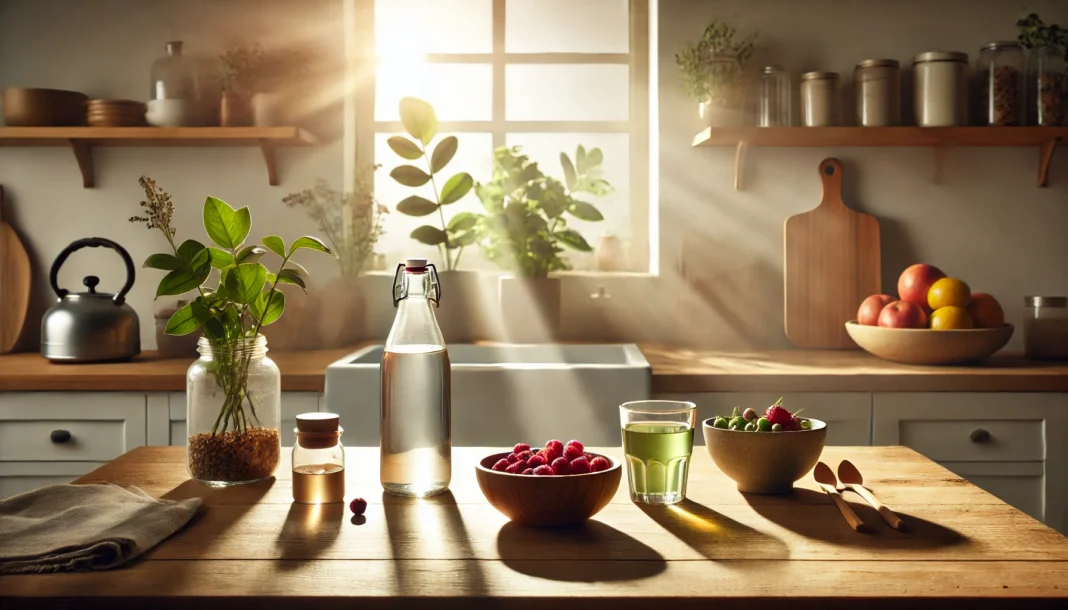 Minimalist kitchen at sunrise with a small healthy breakfast of berries, green tea, and water on a wooden table, symbolizing the beginning of a fasting routine