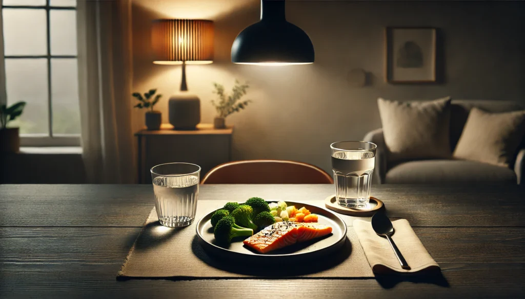Alternate Fasting Diet Plan for Better Health: How Eating Every Other Day May Support Weight Loss and Metabolic Wellness 1 Elegant evening dining scene featuring a single healthy meal of grilled salmon, steamed vegetables, and water, representing the eating window in intermittent fasting.