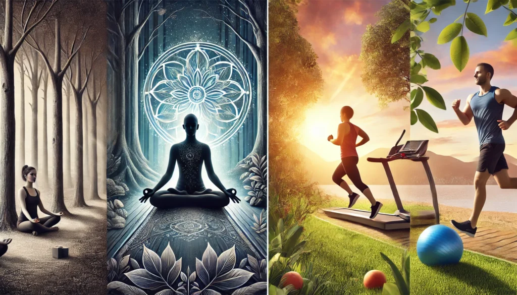 Alternate Fasting Diet Plan for Better Health: How Eating Every Other Day May Support Weight Loss and Metabolic Wellness 2 Split visual showing a person meditating in a quiet forest and another exercising at sunrise in a park, illustrating balanced habits that support alternate fasting.