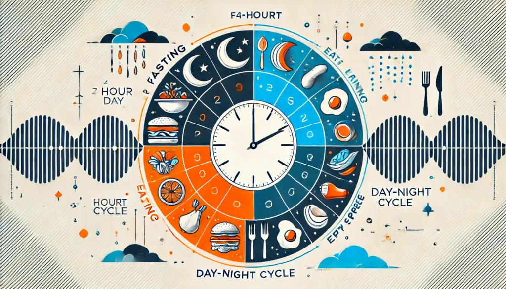 Alternate Fasting Diet Plan for Better Health: How Eating Every Other Day May Support Weight Loss and Metabolic Wellness 3 Abstract visual timeline showing day-night cycles and clock motifs with contrasting food imagery and empty space, symbolizing the structured hours of fasting and eating.