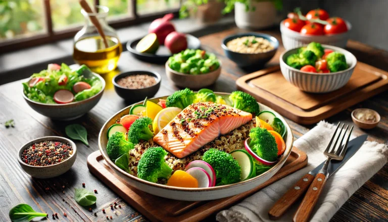 Grilled salmon served with quinoa salad, steamed broccoli, and fresh vegetables on a clean dinner table, showcasing a balanced, nutritious dinner meal idea
