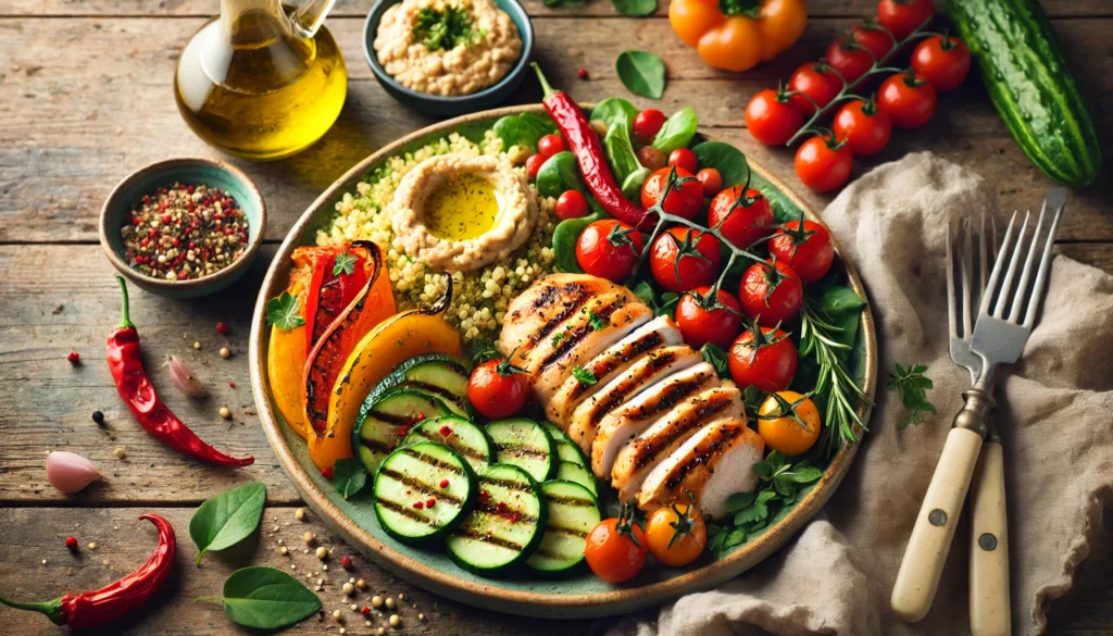 Healthy Dinner Meal Plan Ideas: How to Create a Balanced Menu That Meets Your Daily Nutrition and Dietary Needs 1 Mediterranean-style healthy dinner plate featuring grilled chicken breast, couscous, and colorful roasted vegetables with fresh herbs and olive oil.