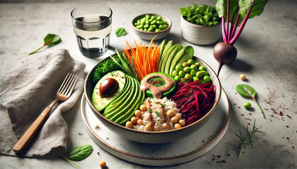 Healthy Dinner Meal Plan Ideas: How to Create a Balanced Menu That Meets Your Daily Nutrition and Dietary Needs 2 Vegetarian Buddha bowl filled with brown rice, avocado, chickpeas, shredded carrots, beets, edamame, and tahini, representing a wholesome plant-based dinner.