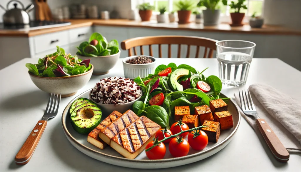 Healthy Dinner Meal Plan Ideas: How to Create a Balanced Menu That Meets Your Daily Nutrition and Dietary Needs 3 Plant-based dinner with grilled tofu, wild rice, leafy greens, cherry tomatoes, avocado, and roasted sweet potatoes on a modern dining table.