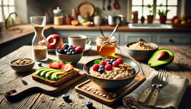 A cozy breakfast setting with a bowl of oatmeal topped with fresh berries and nuts, served alongside whole grain toast with avocado and a colorful fruit medley on a rustic wooden table.