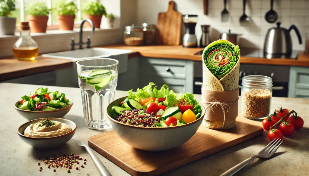 A bright lunch scene with a quinoa salad, whole grain wrap with hummus and greens, and a glass of infused water, set in a modern kitchen with natural light.