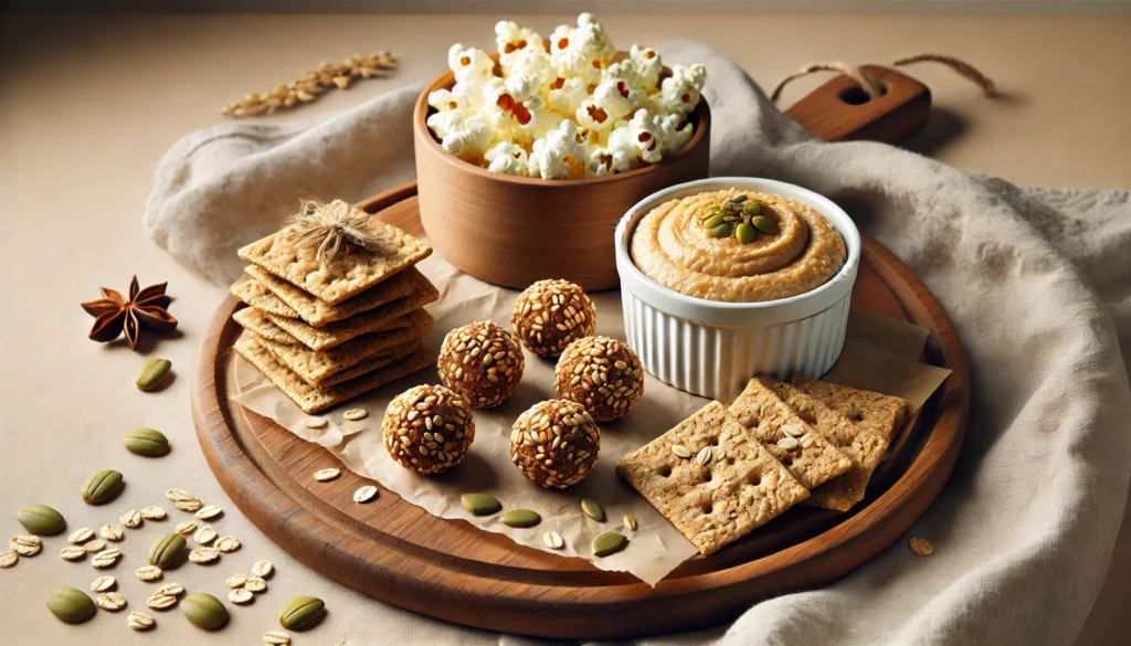 A wholesome snack setup with whole grain crackers and hummus, a bowl of popcorn, and oat-based energy bites, arranged on a wooden board with soft lighting.
