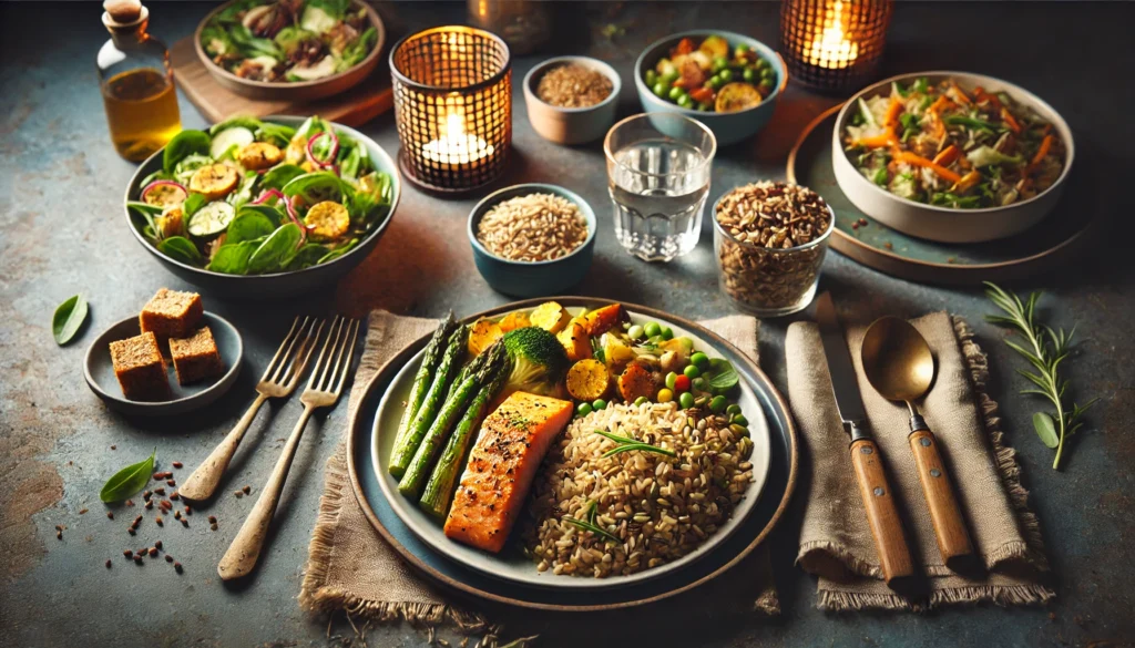 A warm dinner scene featuring brown rice with grilled vegetables and salmon, a barley and roasted root veggie bowl, and a salad with whole grain croutons on a rustic dining table.