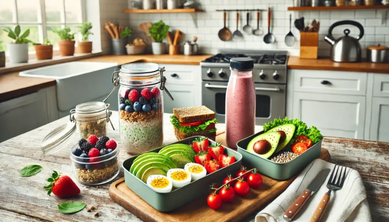 Modern kitchen with neatly arranged healthy breakfast items including overnight oats with berries, a bento box of eggs, avocado, and toast, a smoothie in a reusable bottle, and a container of fruit and nuts.