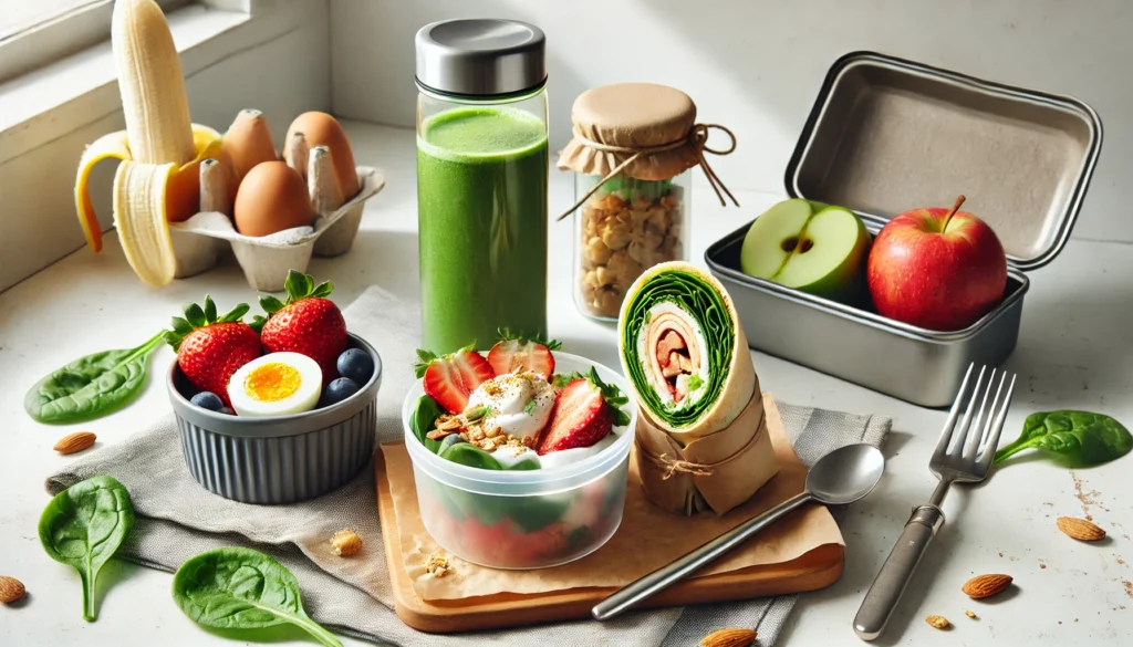 Smart and Healthy Breakfast Ideas to Take to Work: Easy Options for Busy Mornings That Support Energy and Focus 1 Stylish work desk with a smart breakfast setup: Greek yogurt with granola and strawberries, a spinach and egg wrap, a green smoothie thermos, and apple slices with almond butter.