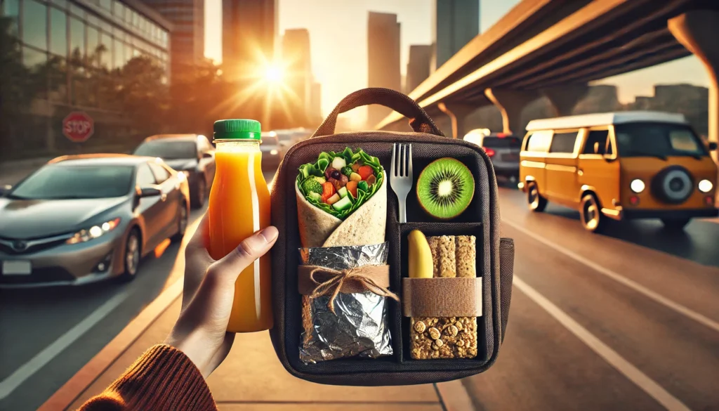 Smart and Healthy Breakfast Ideas to Take to Work: Easy Options for Busy Mornings That Support Energy and Focus 2 Urban morning scene showing a person commuting with a reusable lunch bag containing a veggie breakfast burrito, banana, granola bar, and fresh orange juice.