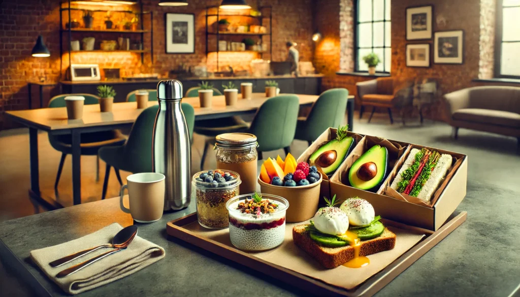 Smart and Healthy Breakfast Ideas to Take to Work: Easy Options for Busy Mornings That Support Energy and Focus 3 Office break room table with healthy breakfast items: avocado toast with poached egg, chia pudding with mango, herbal tea, a bowl of berries, and quinoa salad in a lunch container.