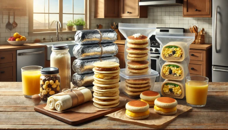 Neatly arranged kitchen counter displaying make-ahead freezer breakfast foods including foil-wrapped burritos, stacked pancakes with parchment paper, and egg muffin sandwiches in freezer bags, with natural light in a cozy kitchen.