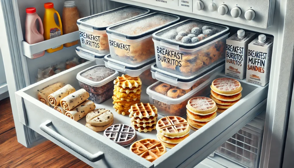 Freezer Breakfast Foods: Easy Make-Ahead and Freeze Ideas for Busy Mornings 1 Open freezer drawer showing organized containers of breakfast burritos, English muffin sandwiches, and waffles stacked with parchment, all frosted to indicate frozen storage.