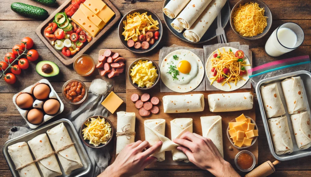 Freezer Breakfast Foods: Easy Make-Ahead and Freeze Ideas for Busy Mornings 2 Hands assembling breakfast burritos with eggs, sausage, cheese, and vegetables on a wooden table, with individually wrapped burritos being placed into a freezer bag.