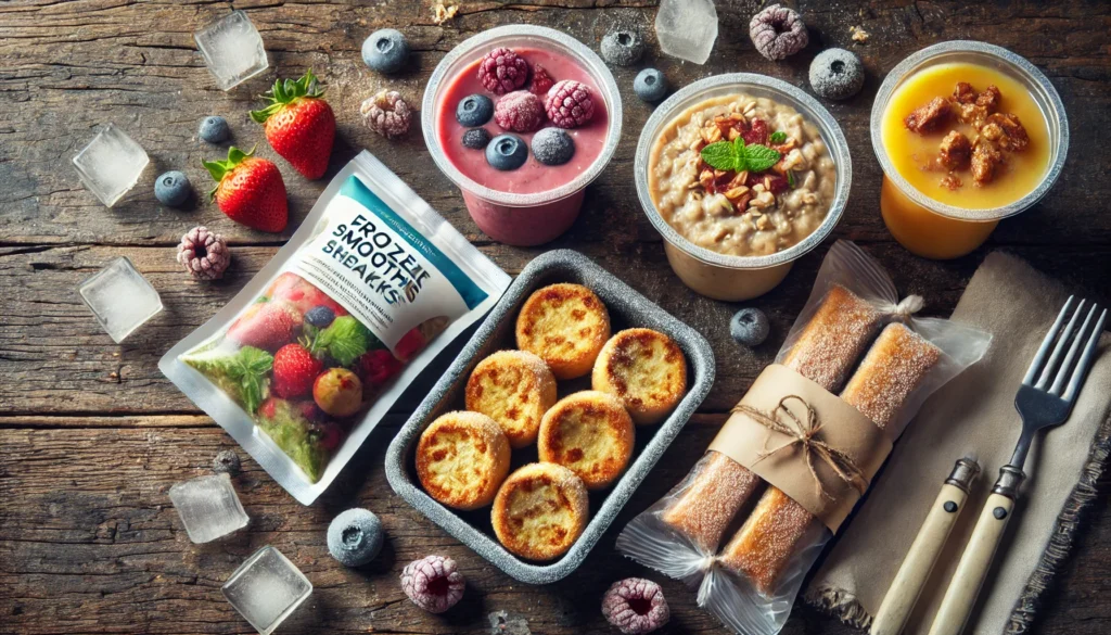 Freezer Breakfast Foods: Easy Make-Ahead and Freeze Ideas for Busy Mornings 3 Flat lay of frozen breakfast foods on a rustic table featuring smoothie freezer packs, baked oatmeal cups, and French toast sticks wrapped for freezing with visible ice crystals.