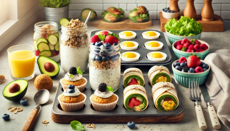 A healthy make-ahead breakfast spread on a modern kitchen counter featuring overnight oats with berries, vegetable egg muffins, Greek yogurt parfaits with granola and fruits, and whole grain breakfast burritos with avocado and tomato.
