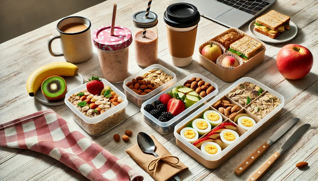 Healthy Make Ahead Breakfast Ideas for Work and Travel: Easy, Nourishing Options You Can Bake Now and Enjoy Later 1 A cozy breakfast scene with bento boxes of eggs, nuts, and apples, jars of smoothie drinks, overnight oats with fruit, and mini breakfast sandwiches wrapped for travel, all arranged on a wooden table with travel mugs.