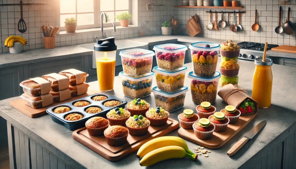 Healthy Make Ahead Breakfast Ideas for Work and Travel: Easy, Nourishing Options You Can Bake Now and Enjoy Later 2 A bright kitchen countertop showing meal-prepped quinoa breakfast bowls, banana oat muffins, colorful smoothie fruit packs, and sandwich wraps in eco-friendly containers, ready for grab-and-go.