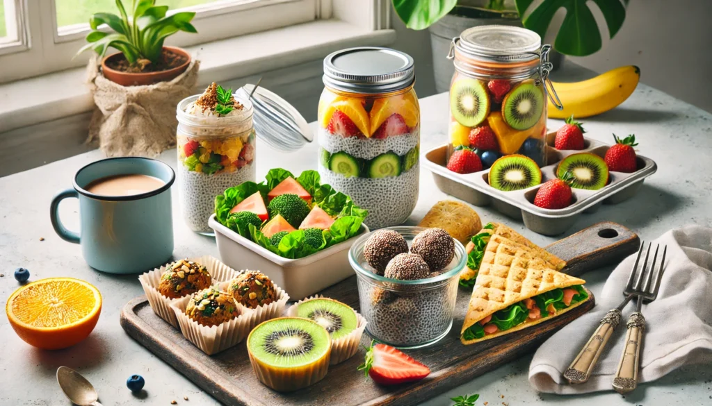 Healthy Make Ahead Breakfast Ideas for Work and Travel: Easy, Nourishing Options You Can Bake Now and Enjoy Later 3 A clean, fresh breakfast arrangement with chia pudding jars topped with tropical fruit, veggie quesadillas, energy balls in containers, and whole wheat fruit muffins in a basket, ideal for work and travel mornings.