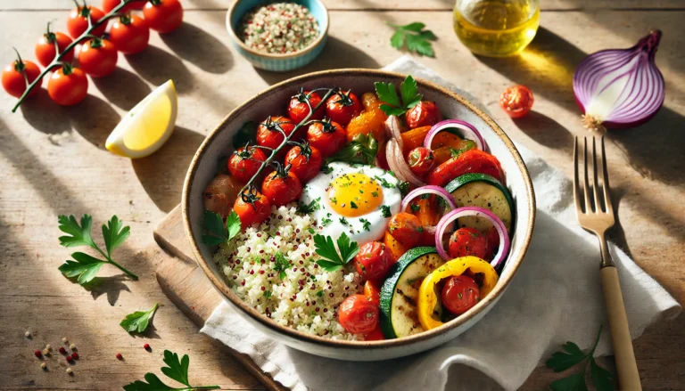 Overhead view of a quinoa bowl with roasted vegetables like red peppers, zucchini, and cherry tomatoes, garnished with fresh herbs and lemon, served in a ceramic bowl.