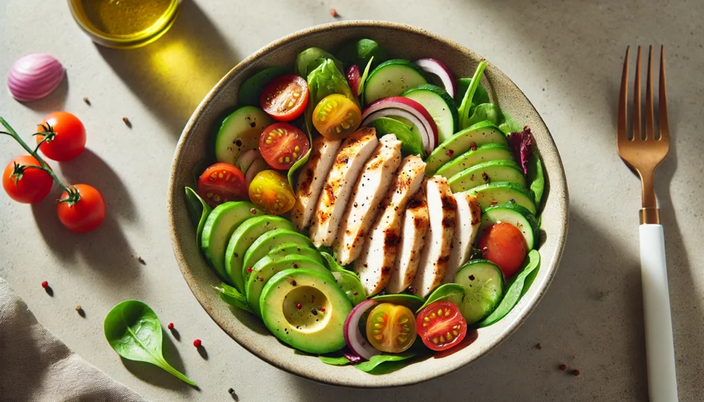 Healthy grilled chicken and avocado salad with cherry tomatoes, cucumber, red onion, and mixed greens in a modern bowl with vinaigrette.