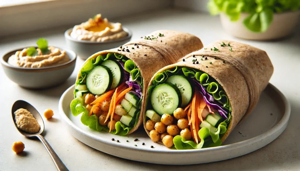 Whole grain wrap filled with seasoned chickpeas, shredded carrots, cucumber, and lettuce, served with hummus on a white plate.