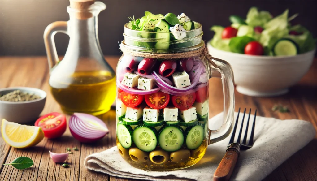 Mason jar layered with Greek salad ingredients including cucumbers, tomatoes, onions, olives, and feta cheese, set on a wooden table with soft natural lighting.
