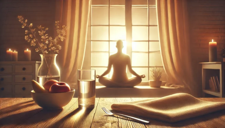 Calm person meditating near a sunlit window with an empty glass and fruit bowl, symbolizing mental clarity and gentle nourishment on Day 2 of fasting.
