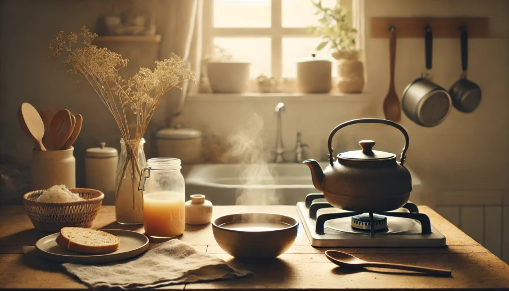 Warm, minimalist kitchen with steam rising from a kettle and a bowl of broth, reflecting gentle self-care and light eating during the second day of fasting.