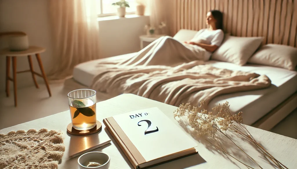 What Happens on Day 2 of Fasting? Exploring the Fasting Timeline Benefits and How a Two Day Fast May Support Wellness 3 Softly lit bedroom with a resting person, herbal tea on the nightstand, and a journal, symbolizing introspection and light fatigue on Day 2 of fasting.