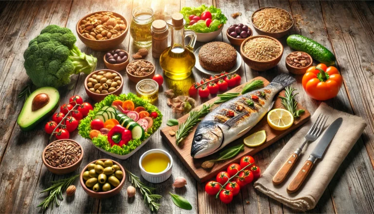 Mediterranean diet meal on a rustic table featuring grilled fish, fresh vegetables, olives, nuts, and whole grains, representing a heart-healthy eating style