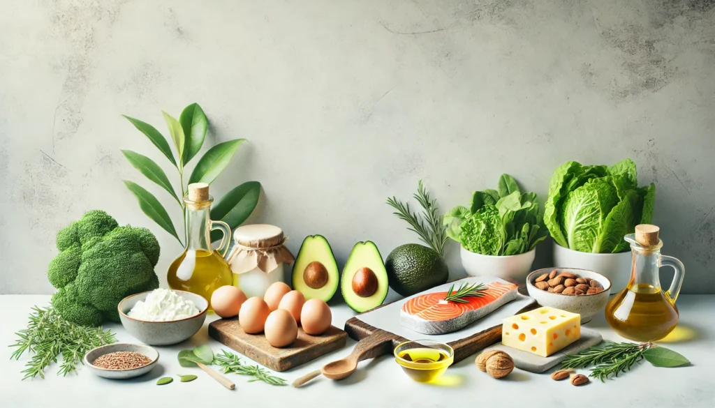Top Diet Names Explained: A Practical Diet List to Support Healthier Eating and Lifestyle Goals 1 Keto diet ingredients arranged on a modern kitchen counter, featuring salmon, eggs, avocados, cheese, leafy greens, nuts, and coconut oil, symbolizing a low-carb, high-fat lifestyle
