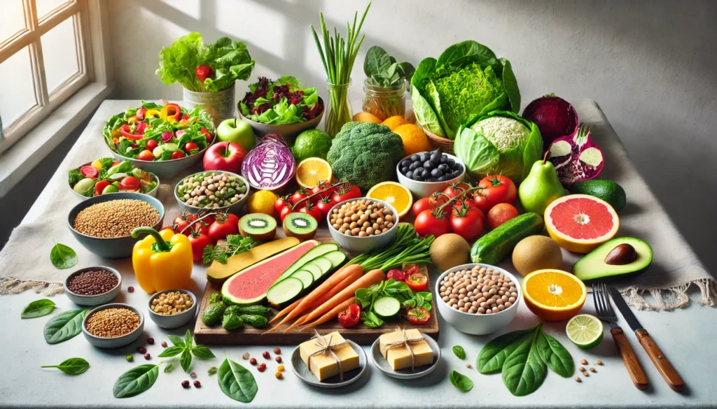 Top Diet Names Explained: A Practical Diet List to Support Healthier Eating and Lifestyle Goals 2 Colorful plant-based meal setup with fruits, vegetables, whole grains, tofu, legumes, and leafy greens on a clean table, emphasizing variety and wholesome eating