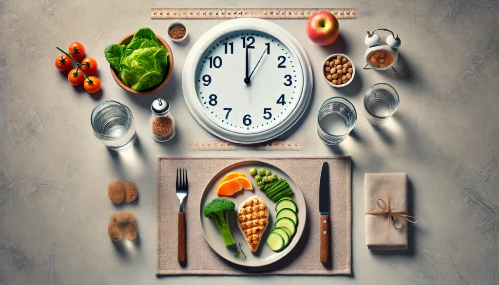 Top Diet Names Explained: A Practical Diet List to Support Healthier Eating and Lifestyle Goals 3 Minimalist table scene showing a healthy meal between an empty plate and a clock, visually illustrating the concept of intermittent fasting and time-restricted eating