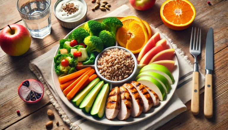 Balanced dinner plate with grilled chicken, brown rice, steamed vegetables, sliced fruit, and yogurt, representing all five food groups on a rustic wooden table