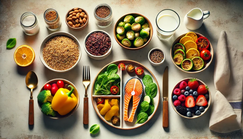 Balanced Dinner Ideas with All 5 Food Groups: How to Build a Healthy Dinner That Has All 5 Nutrients for Complete Nutrition 2 Wholesome dinner setup featuring grilled salmon, quinoa, roasted vegetables, fruit salad, and a glass of milk, showcasing a complete five-food-group meal.
