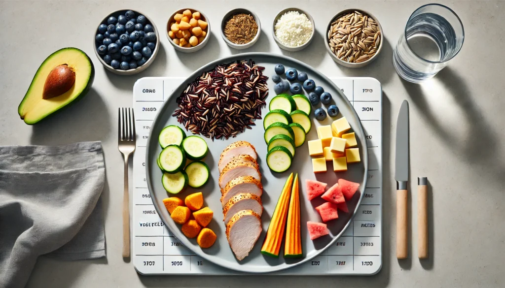Balanced Dinner Ideas with All 5 Food Groups: How to Build a Healthy Dinner That Has All 5 Nutrients for Complete Nutrition 3 Modern dinner plate with wild rice, baked turkey, roasted vegetables, fresh berries and melon, and a slice of cheddar cheese for a balanced meal with all food groups.