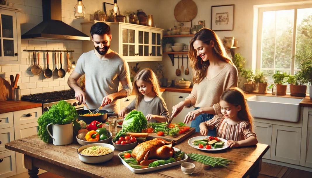 Smiling family of four preparing a healthy dinner in a modern kitchen, with fresh vegetables, grilled chicken, and whole grains on the counter.