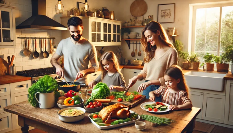 Smiling family of four preparing a healthy dinner in a modern kitchen, with fresh vegetables, grilled chicken, and whole grains on the counter.