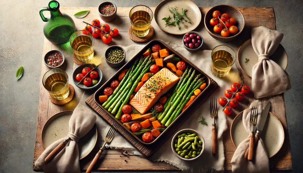 Smart & Healthy: Easy Weeknight Dinners for Family That Support Balanced Nutrition and Busy Lifestyles 1 Freshly baked one-pan dinner of salmon, asparagus, cherry tomatoes, and sweet potatoes on a wooden dinner table with water glasses and napkins.