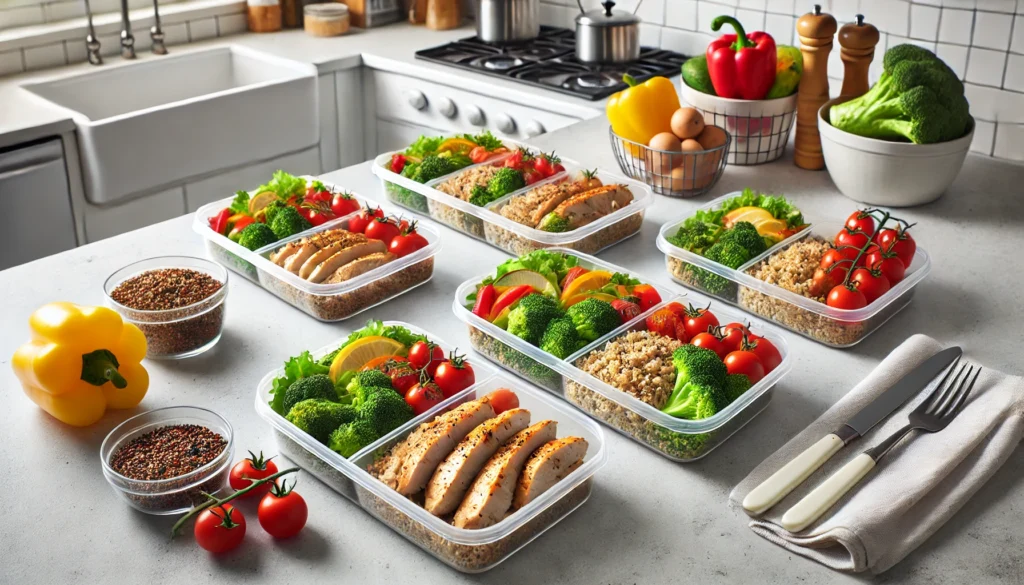 Smart & Healthy: Easy Weeknight Dinners for Family That Support Balanced Nutrition and Busy Lifestyles 2 Row of meal prep containers filled with grilled chicken, quinoa, roasted broccoli, and leafy greens on a clean kitchen countertop, surrounded by fresh vegetables