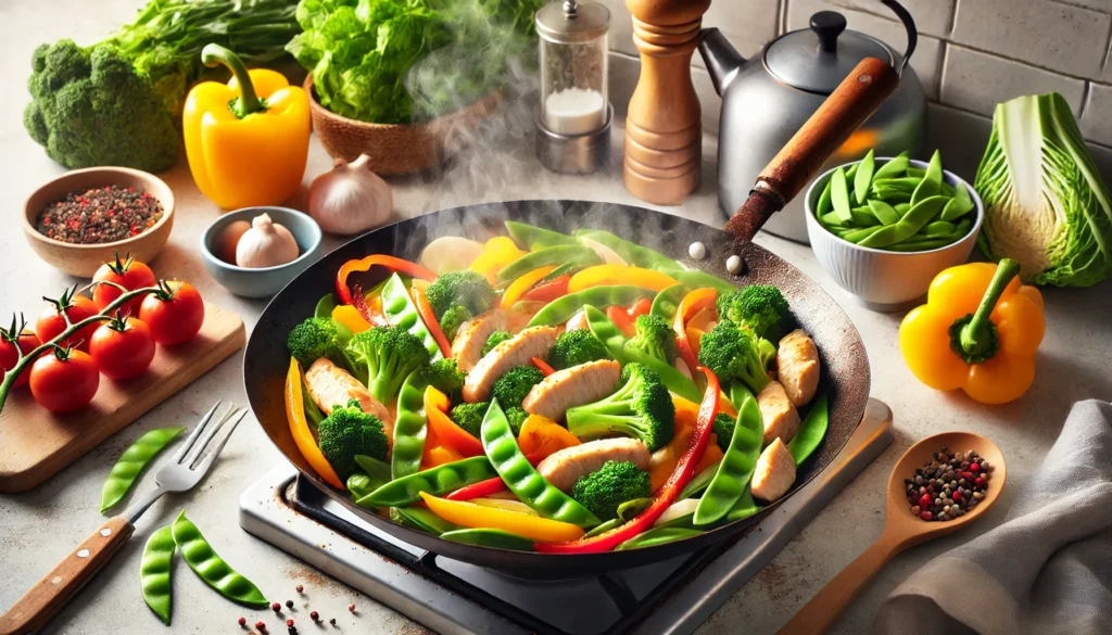 Smart & Healthy: Easy Weeknight Dinners for Family That Support Balanced Nutrition and Busy Lifestyles 3 Colorful vegetable and chicken stir-fry sizzling in a wok, with steam rising, surrounded by fresh ingredients in a clean kitchen setting.
