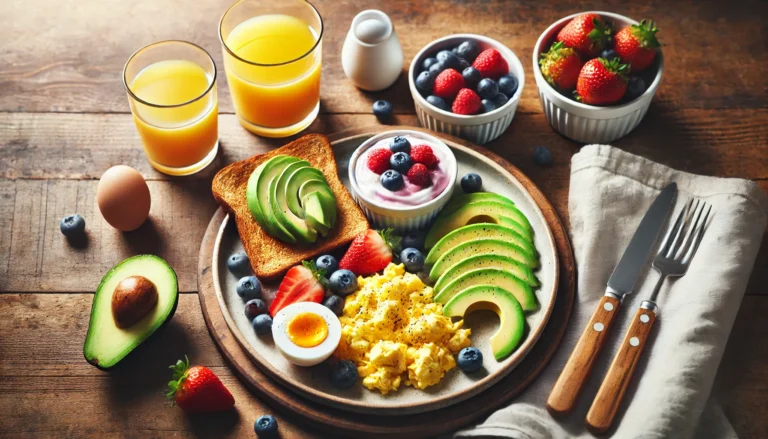 Top-down view of a balanced breakfast plate featuring scrambled eggs, avocado slices, whole grain toast, fresh berries, Greek yogurt, and orange juice on a wooden table.