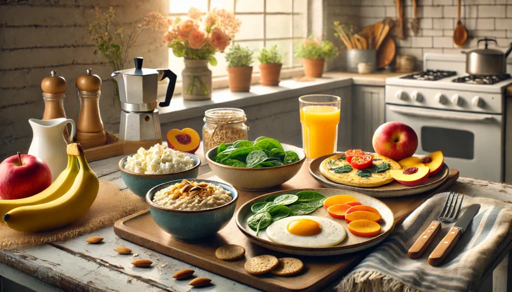 Smart Ways to Build a Balanced Breakfast Plate: Expert Tips and Example of a Balanced Diet for Breakfast 1 Cozy kitchen scene with three balanced breakfast plates: oatmeal with bananas and almonds, a veggie omelet with spinach and tomatoes, and cottage cheese with peaches and crackers.