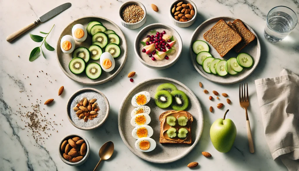 Smart Ways to Build a Balanced Breakfast Plate: Expert Tips and Example of a Balanced Diet for Breakfast 2 Minimalist breakfast spread on a marble counter with four plates: hard-boiled eggs with cucumbers, chia pudding with kiwi and pomegranate, peanut butter toast, and apple slices with almonds.